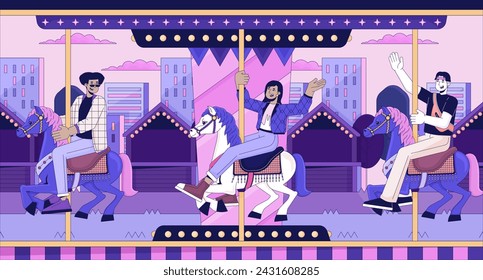 Friends on carousel amusement park line cartoon flat illustration. Roundabout fun diverse young adults 2D lineart cityscape background. Fair merry-go-round. Lo fi vibes scene vector color image