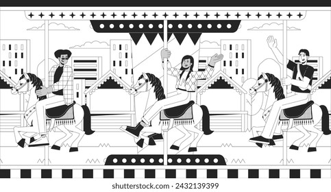 Friends on carousel amusement park black and white cartoon flat illustration. Roundabout fun diverse young adults 2D linear background. Fair merry-go-round monochrome scene vector outline image