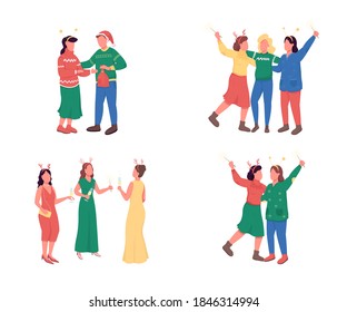 Friends on Christmas party flat color vector faceless character set. Luxury party. Festive holiday celebration isolated cartoon illustration for web graphic design and animation collection