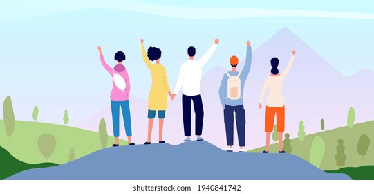 Friends on mountain. People group together, adventure travel team looking at sunrise. Positive hike man girl back view utter vector concept