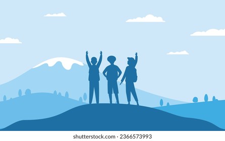 Friends on mountain, setting and achieving goals metaphor. Happy people group silhouette, flat person vacation on nature recent vector scene