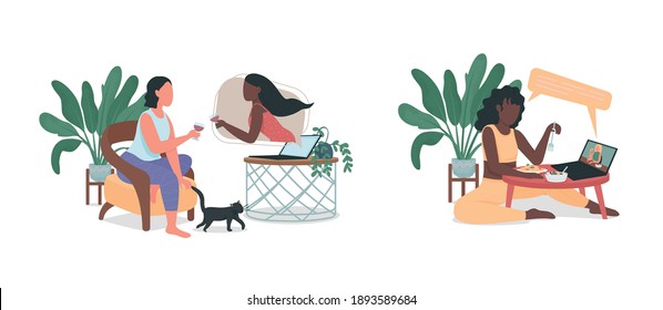 Friends on online dinner date flat color vector faceless characters set Woman eat food, drink wine. Video call isolated cartoon illustration for web graphic design and animation collection