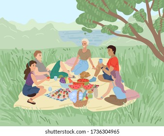 Friends on picnic. Company together are relaxing outdoor in park. Young man and woman having lunch outside. Family recreation scene. Spring, summer vacation. Flat style. Vector illustration concept