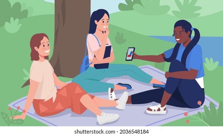 Friends on picnic flat color vector illustration. Students hanging out outdoors in spring. Teenager having fun outside. Happy teenage girls 2D cartoon characters with landscape on background