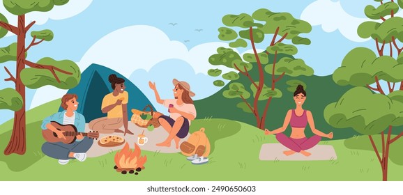 Amigos de picnic. Introvertido y extravertido. Las Personas se comunican en la naturaleza. La chica hace yoga sola. Orientación mental hacia adentro y hacia afuera. Temperamento psicológico. chillón