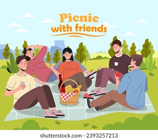 Freunde zum Picknick. Mann und Frau sitzen auf einer Decke in der Nähe von Korb mit Essen. Aktiver Lebensstil und gesundes Essen. Junge Jungs und Mädchen essen Obst und trinken Wein. Cartoon-Flavektor-Vektorgrafik