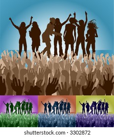 Friends on stage. A group of female friends celebrating on stage in front of an adoring crowd . Vector file includes several different colour versions