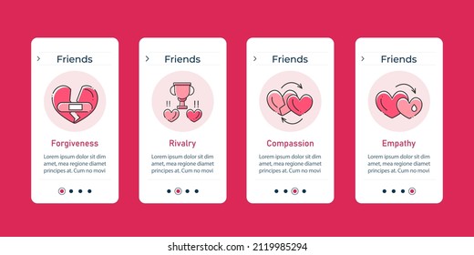 Friends onboarding mobile app screens. Forgiveness, rivalry, compassion, empathy. Relationships steps menu. Set of UI, UX, web template with RGB color linear icons