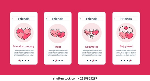 Friends onboarding mobile app screens. Friendly company, trust, soulmates, enjoyment. Relationships steps menu. Set of UI, UX, web template with RGB color linear icons