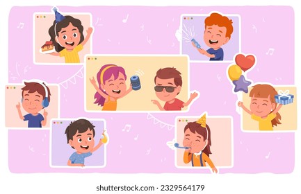 Friends at online party by video conference call. Joyful boys and girls persons meeting together celebrating birthday at party on Internet. Virtual celebration concept flat vector illustration