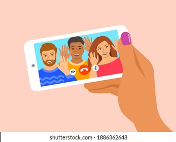Friends online video call by smartphone. Young people say hi to their friend virtually in mobile video call app. Flat cartoon illustration. Social distance during coronavirus quarantine.