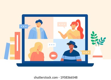 Friends online video calling. Flat style illustration of laptop screen with people meeting on a video chat.