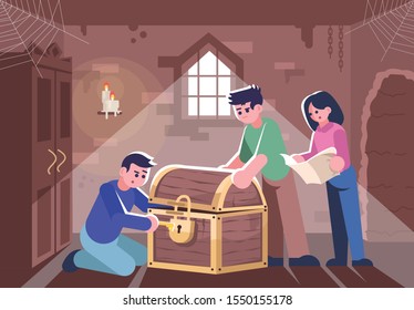 Friends opening closed chest flat vector illustration. People in escape room, woman and men solving mystery cartoon characters. Logic team game, modern entertainment, treasure hunt