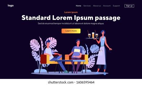 Friends ordering drinks in bar. Alcohol, party, weekend flat vector illustration. Leisure activity and alcoholism concept for banner, website design or landing web page.