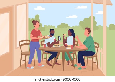 Friends at outdoor dinner party flat color vector illustration. Leisure activity with pizza eating. Men and women 2D cartoon characters with home patio and summer landscape on background