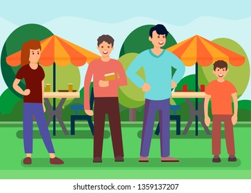 Friends in Outdoor Food Court Vector Illustration. Students Eating Lunch on Nature. Male and Female Flat Characters Having Picnic. Food Festival. Cartoon Family Spending Time Together