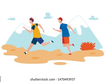 Friends Outdoor Jogging Flat Vector Illustration. Two Runners Exercising, Training, Sportsmen Workout Cartoon Characters. Mountains Picturesque Landscape. People Running on Nature, Doing Sport