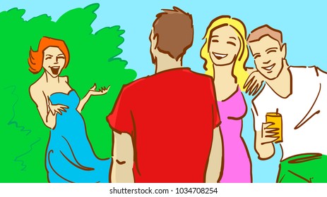 Friends are outdoors in the nature. Cheerful group of young people relaxing outdoors and chatting together on a summer day.