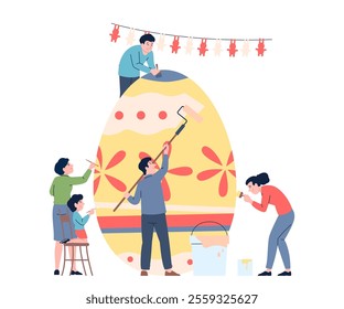 Friends painting easter egg. Spring festive celebration, tiny people drawing paint on giant egg different ornaments. Seasonal party recent vector scene