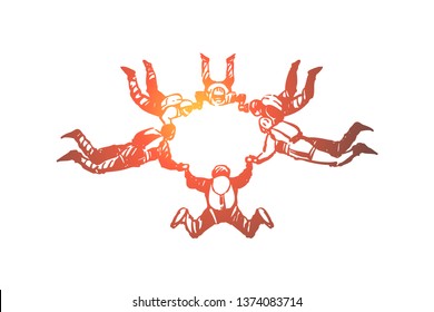 Friends parachuting, people in freefall holding hands, ring formation, exciting hobby, extreme lifestyle, thrill chase. Skydiving group, active leisure, concept sketch. Hand drawn vector illustration