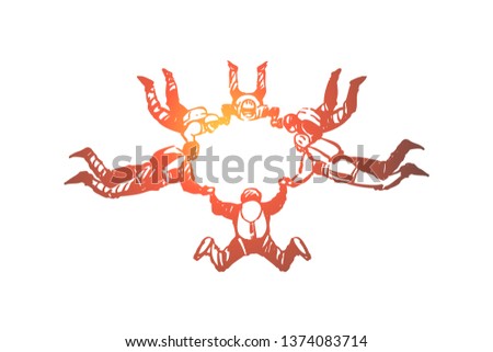 Friends parachuting, people in freefall holding hands, ring formation, exciting hobby, extreme lifestyle, thrill chase. Skydiving group, active leisure, concept sketch. Hand drawn vector illustration