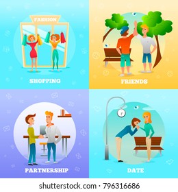 Friends partners dating couple greeting each other gestures 4 flat colorful background icons square isolated vector illustration  