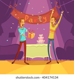 Friends and party background with cake decorations and present cartoon  vector illustration 