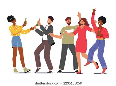 Fiesta de amigos con bebidas, concepto de amistad. Grupo de Jóvenes Felices y Alegres se alegran de reír y beber cerveza y bebidas alcohólicas. Reunión de personajes de amigos. Ilustración del vector de dibujos animados