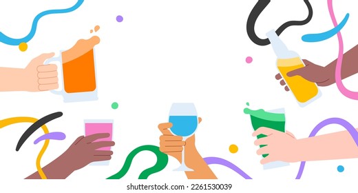 Friends party event illustration of friend group drinking alcohol or juice drink together. Diverse people hands holding glass for friendship celebration concept.