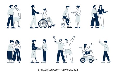 Friends. People, diverse relationships. Boy and girl, student in wheelchair. Active persons with disability recent vector characters