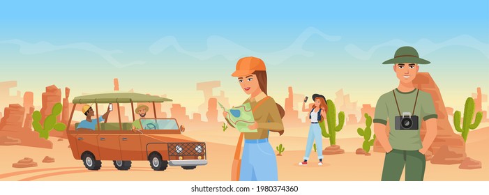 Friends people on vacation desert tour in Arizona landscape, tourism vector illustration. Cartoon traveler tourist characters explore rocky landscape with cacti, take photos, travel by car background