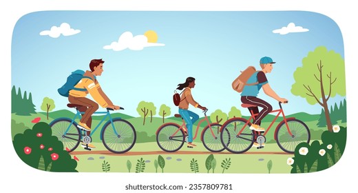 Amigos que viajan en bicicleta en la naturaleza primaveral. Jóvenes hombres y mujeres activos montando juntos en bicicleta al aire libre. Actividad de ciclismo en el parque verde, recreación de verano, ilustración portadora plana deportiva