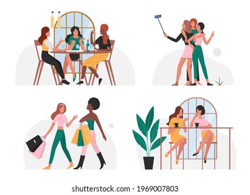 Friends, people spend time together, vector illustration set. Cartoon young happy women characters taking selfies, sitting at cafe restaurant tables, drinking coffee or wine, shopping. Isolated on white