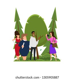 friends are photographed on the phone. girl photographs friends. Vector illustration isolated on a white background.