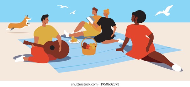 Friends picnic. Flat vector stock illustration. Friends together at a summer picnic. People are having dinner. Guitar playing and music. Multicultural group. Dog on the beach. Vector graphics