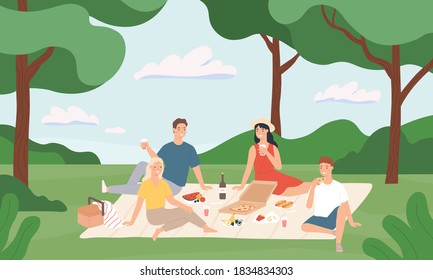 Friends at picnic. Happy young men and women having lunch together outdoor, rest to nature summer vacation cartoon vector illustration. Summer picnic and recreation, happy young together rest