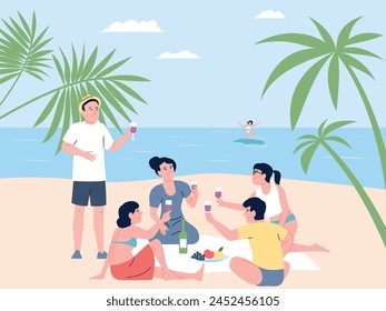 Friends picnic on beach. Seasonal outdoor recreation, group family tourism. Young people eating, drinking. Surfing in ocean or sea, recent vector scene