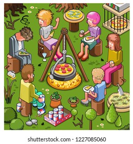 Friends at pizza party sitting around a camp fire in a forest preparing a salami pizza (vector cartoon)