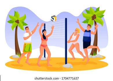 Friends play beach volleyball. Vector flat cartoon people characters illustration. Summer outdoor leisure activities and sport lifestyle. Young men and women have vacation holiday together
