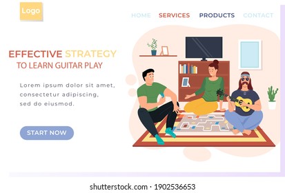 Friends play board game. Bard sits with ukulele. Website about playing guitar and learning music. Landing page template. People roll dice and spend time together. Male character creates music