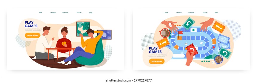 Friends play board games at home. Boardgame table top view with hands and cards. Stay home concept illustration. Vector web site design template. Landing page website illustration