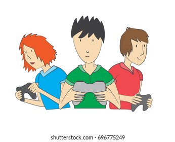 Friends play computer games,Gamepad in the hands,Guys and game console,Cartoon characters, vector image