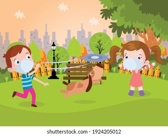 Friends play with dog cartoon vector concept for banner, website, illustration, landing page, flyer, etc.