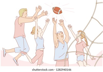 friends playing american football, jumping, smiling faces have fun. Holiday activities together. Spring of sports. People playing outdoor activities on vacation enjoying. Cartoon vector illustration. 