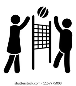 
Friends playing with the ball having net in between, netball icon 
