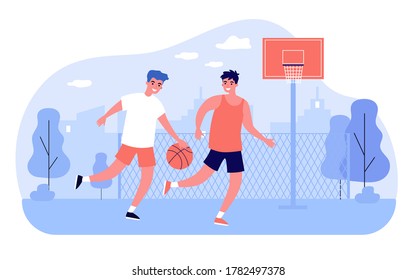 Friends playing basketball on court. Two male players with ball training on stadium. Vector illustration for urban sport, game, match, hobby, outdoor activity concepts