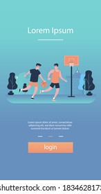Friends playing basketball on court. Two male players with ball training on stadium. Vector illustration for urban sport, game, match, hobby, outdoor activity concepts