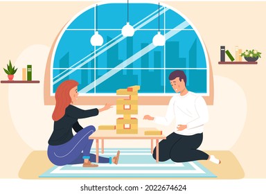 Friends playing block tower home together. People with board game indoor. Character is playing with logic game on weekend. Guy collects wooden tower from bricks. Wooden blocks stacked in high tower