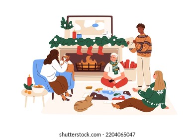 Friends playing board game by fireplace at home on Christmas holiday party. Happy people relaxing in living room in winter evening at Xmas eve. Flat vector illustration isolated on white background