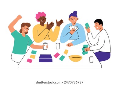 Friends playing board game with cards, adults having fun together. Hand drawn composition with table game, colored cards. Leisure activity and hobby for party. Vector illustration of strategy game